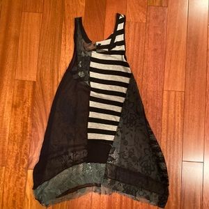 Distressed dress length tank top with lace and stripes